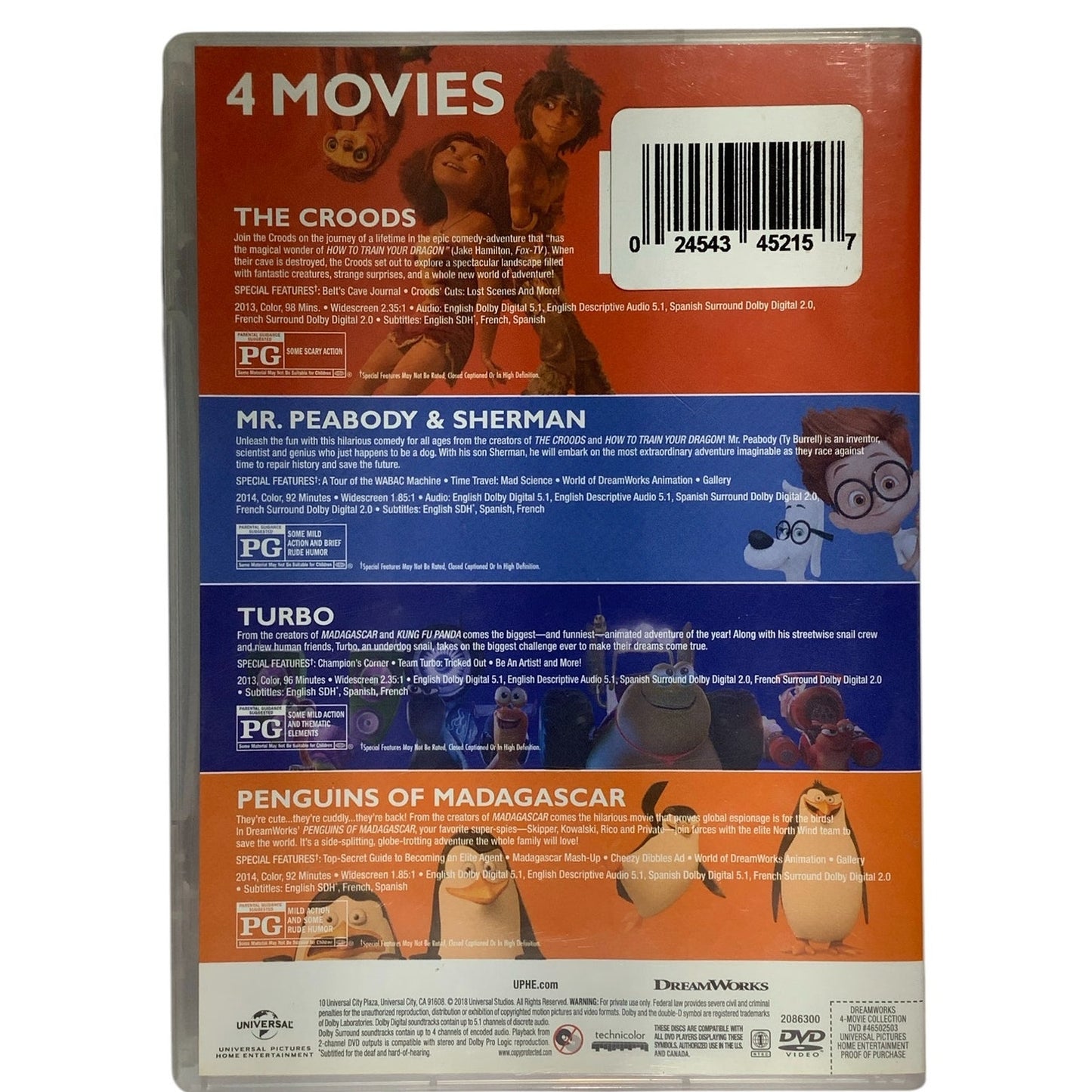 DreamWorks 4 Movies The Croods, Peabody & Sherman, Turbo, Penguins of Madagascar