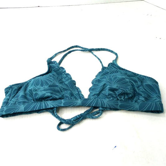 Tommy Bahama Ruffle Halter Bikini Top Blue Botanical Teal Size L Swimwear