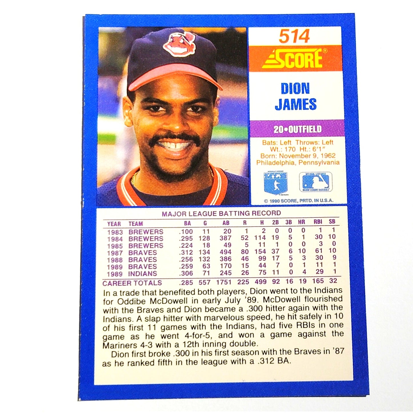 1990 Score Dion James #514 Cleveland Indians Outfielder MLB Baseball EX
