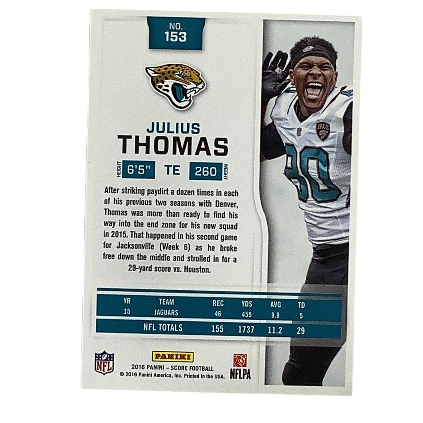 Julius Thomas, Jacksonville Jaguars, NFL, Panini Score 2016, Card 153, EX/NM