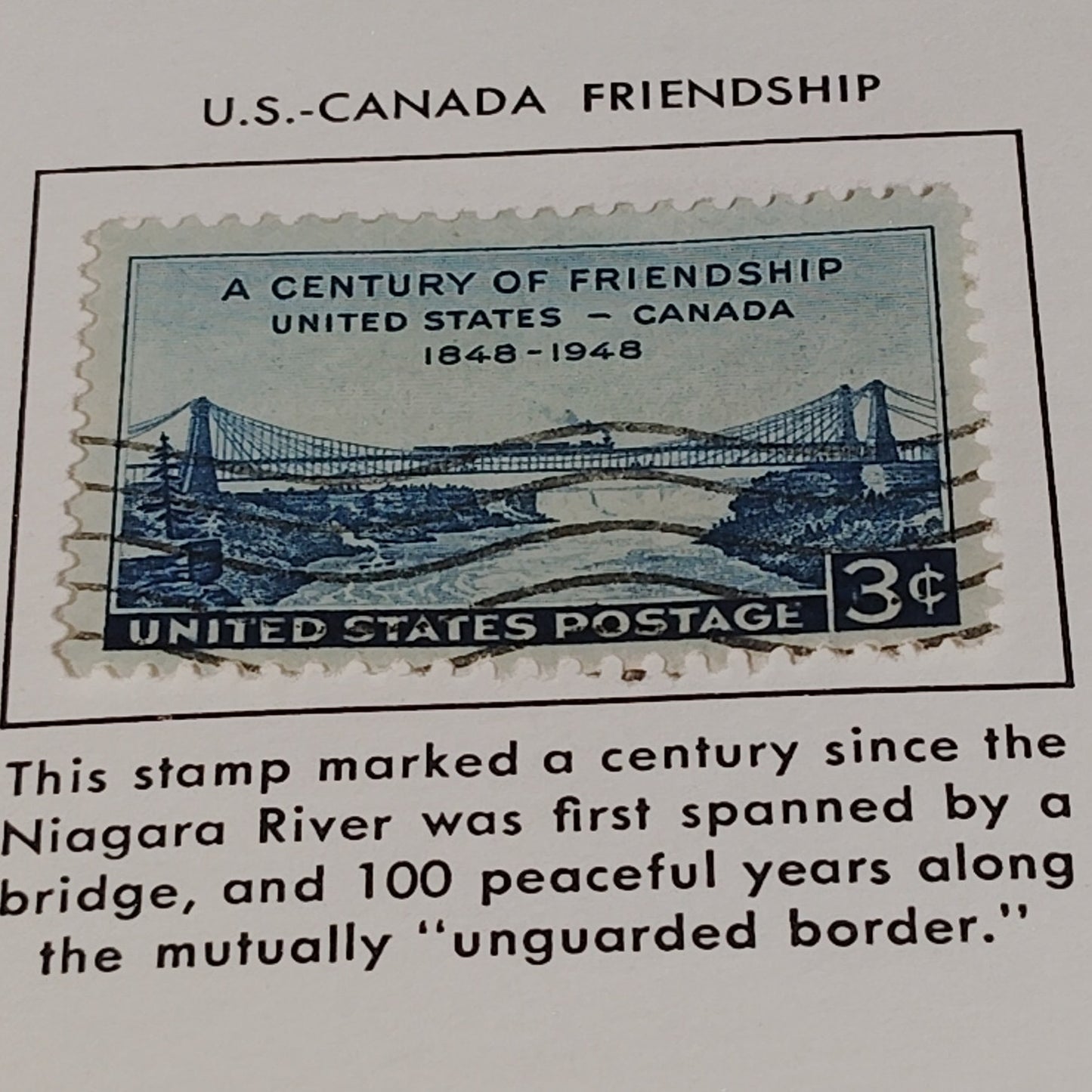 1948 3¢ U.S.–Canada Friendship Stamp – Scott 961 – Niagara Bridge – Centennial
