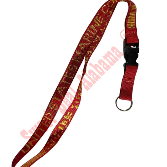 Marine Corps Embroidered Lanyard, 3/4"W, Keyring, Key Chain, Red w/ Gold Text