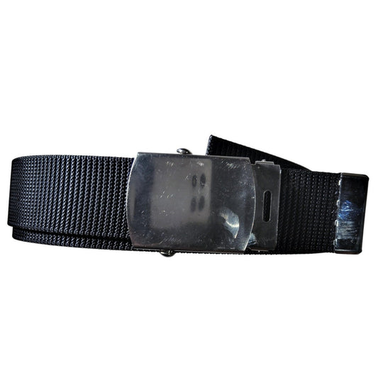 Black Military Web Belt – 38" x 1.25" – Silver Brass Buckle – Canvas Style – Unbranded