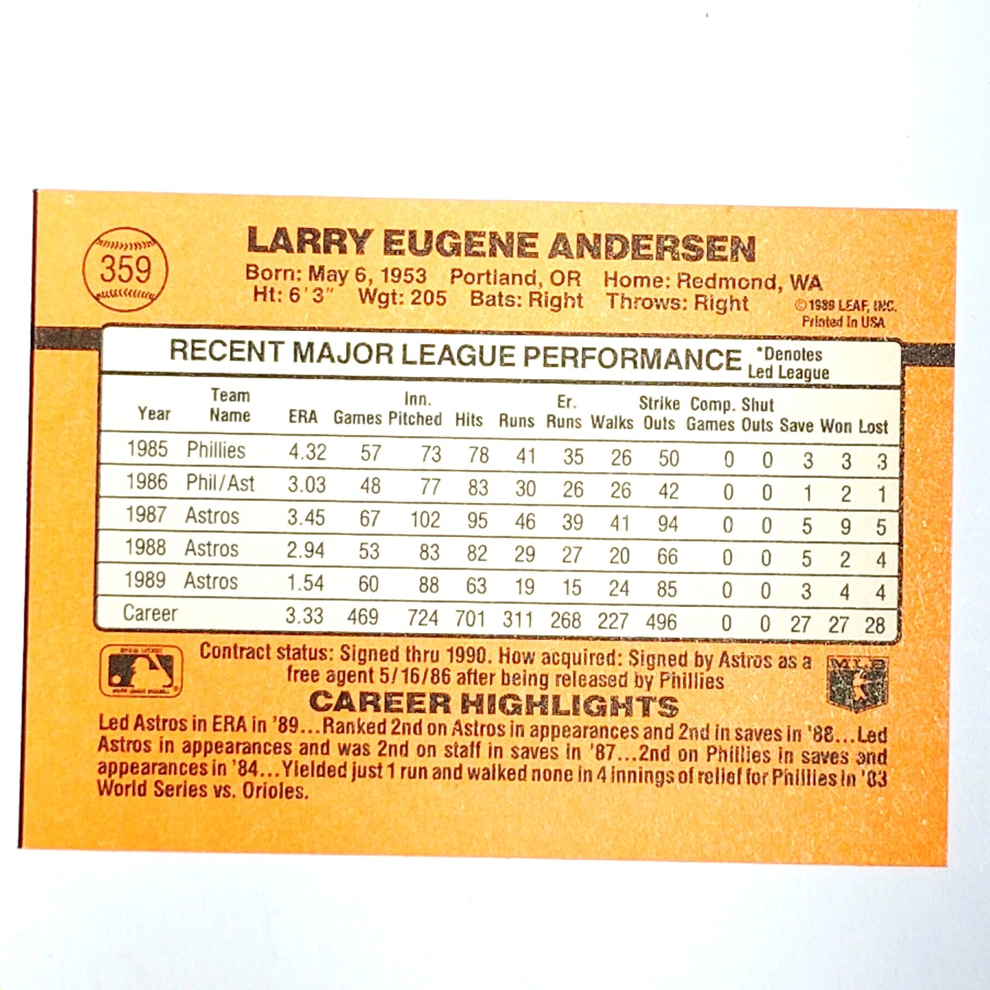 1990 Donruss #359 Larry Andersen Houston Astros Pitcher - VG/EX