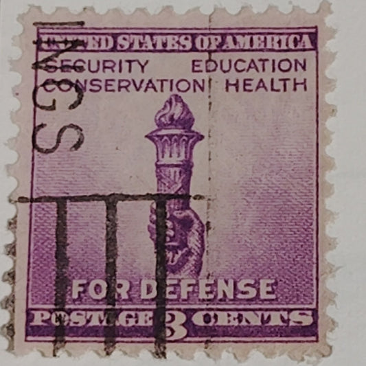 1940 3¢ Torch of Enlightenment Stamp, Scott 901 National Defense Issue, Canceled