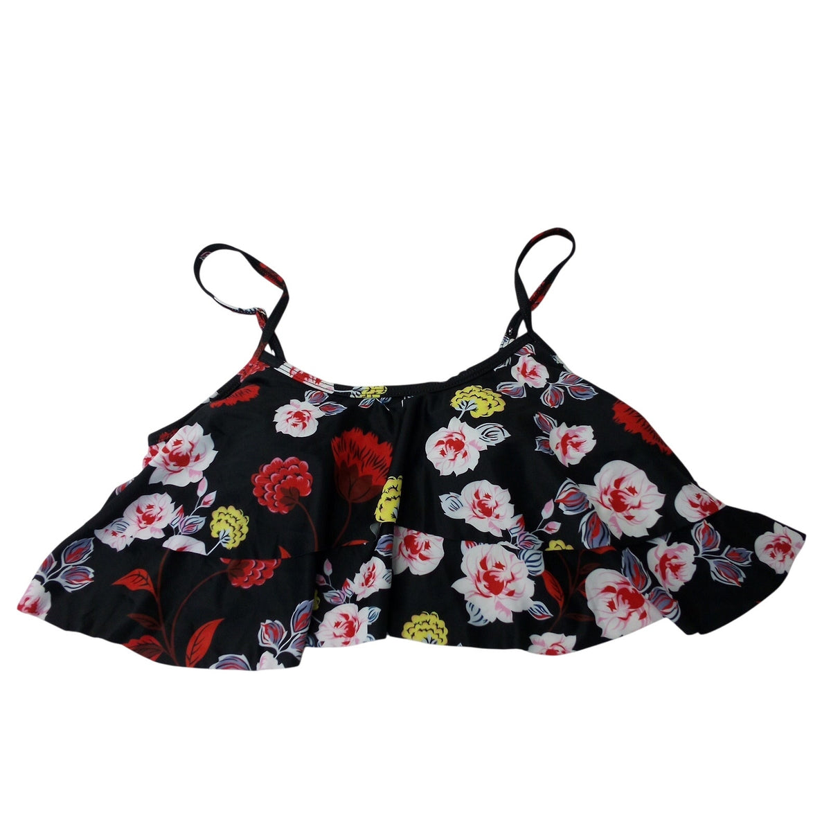 Gabrielle-Aug Women's Black Floral Tiered Ruffle Bikini Swim Top Size 6