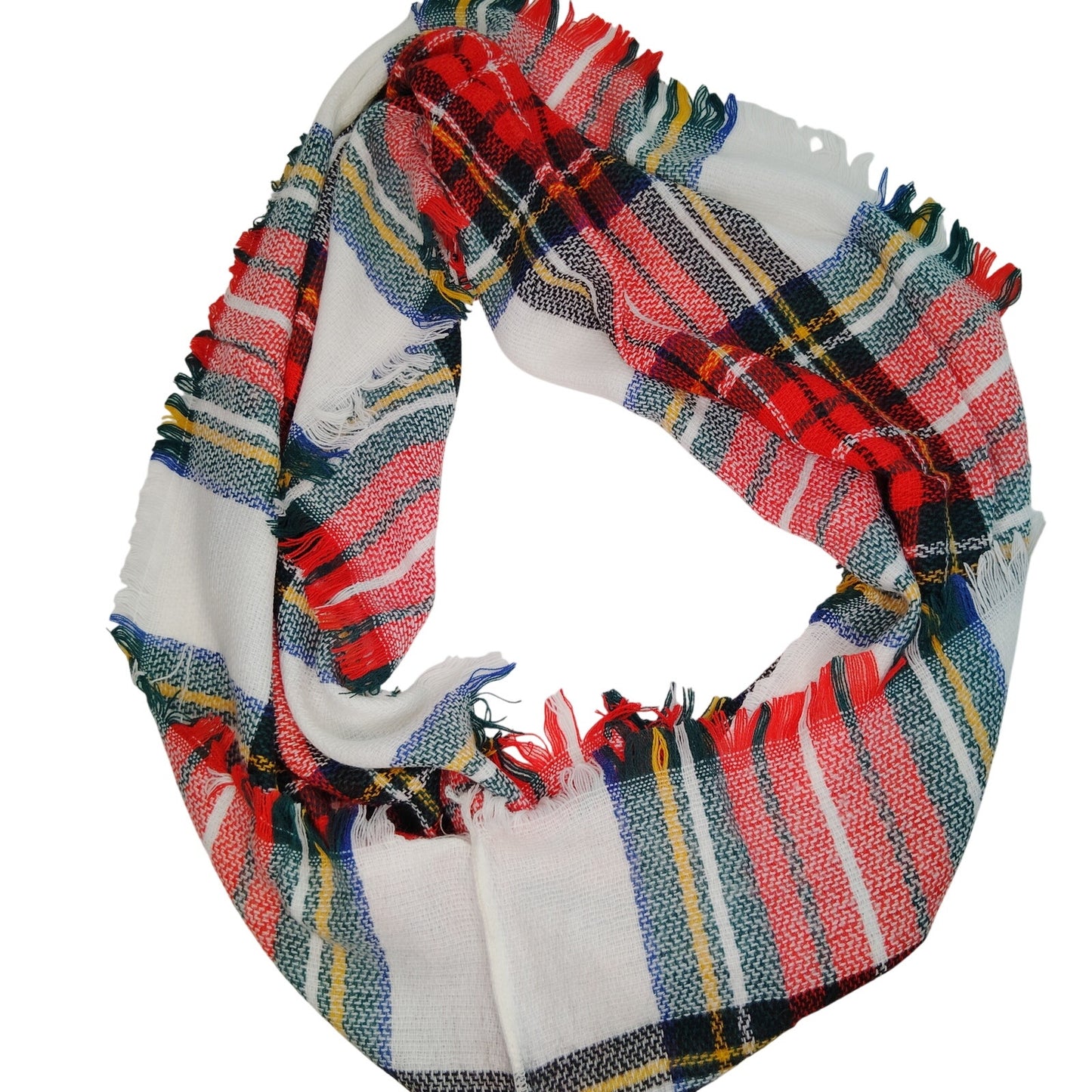 Lucky Leaf Infinity Scarf w/ Tassels Lightweight 100% Acrylic, Red White Plaid