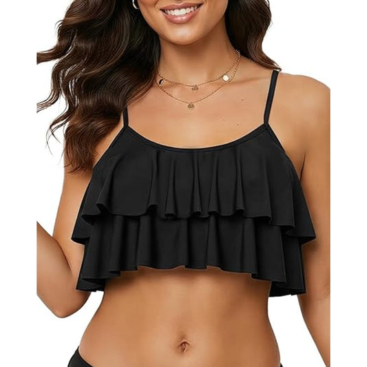 Tempt Me Women’s Ruffle Flounce Bikini Top – Black – Small (4-6) – NWT