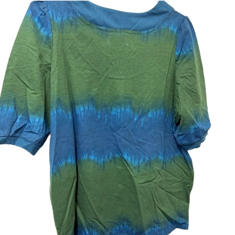 Mainstreet Blues L Tie-Dye 3/4 Sleeve Top - Teal Green Scoop Neck Ribbed Knit
