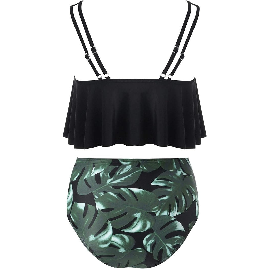 OMKAGI Ruffle Bikini, High Waisted Bottom Plus Tankini, Black Leaf, XL (8-10)