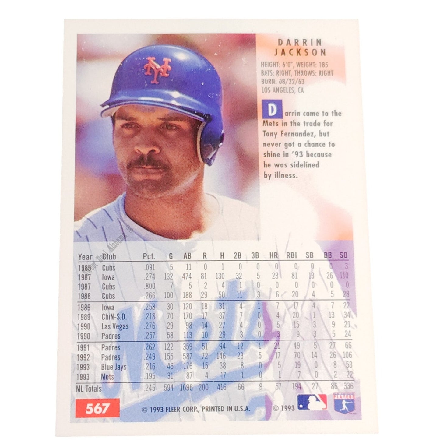 Darrin Jackson, New York Mets, #567, 1994 Fleer Baseball Collector's Card