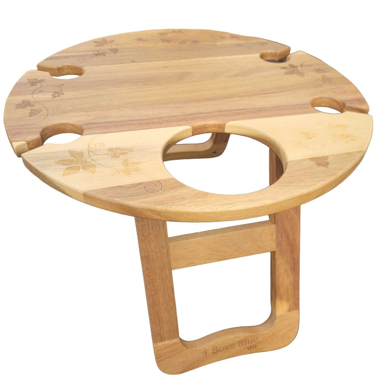 Outdoor 16" Wine Table, Acacia Wood Portable Wine Table, Bottle & 4 Glasses