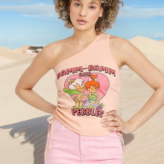 The Flintstones, Pink, Size LRG, One-Shoulder BAMM BAMM & PEBBLES Tank Top Shirt