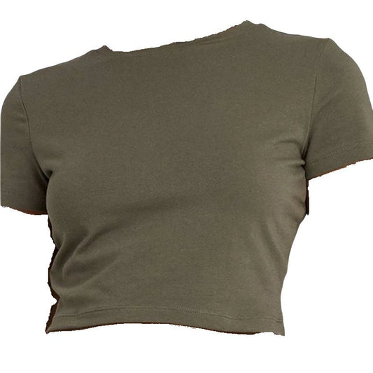 Women's Large Short Sleeve Slim Fit Cropped T-Shirt, Olive Green - Free Shipping