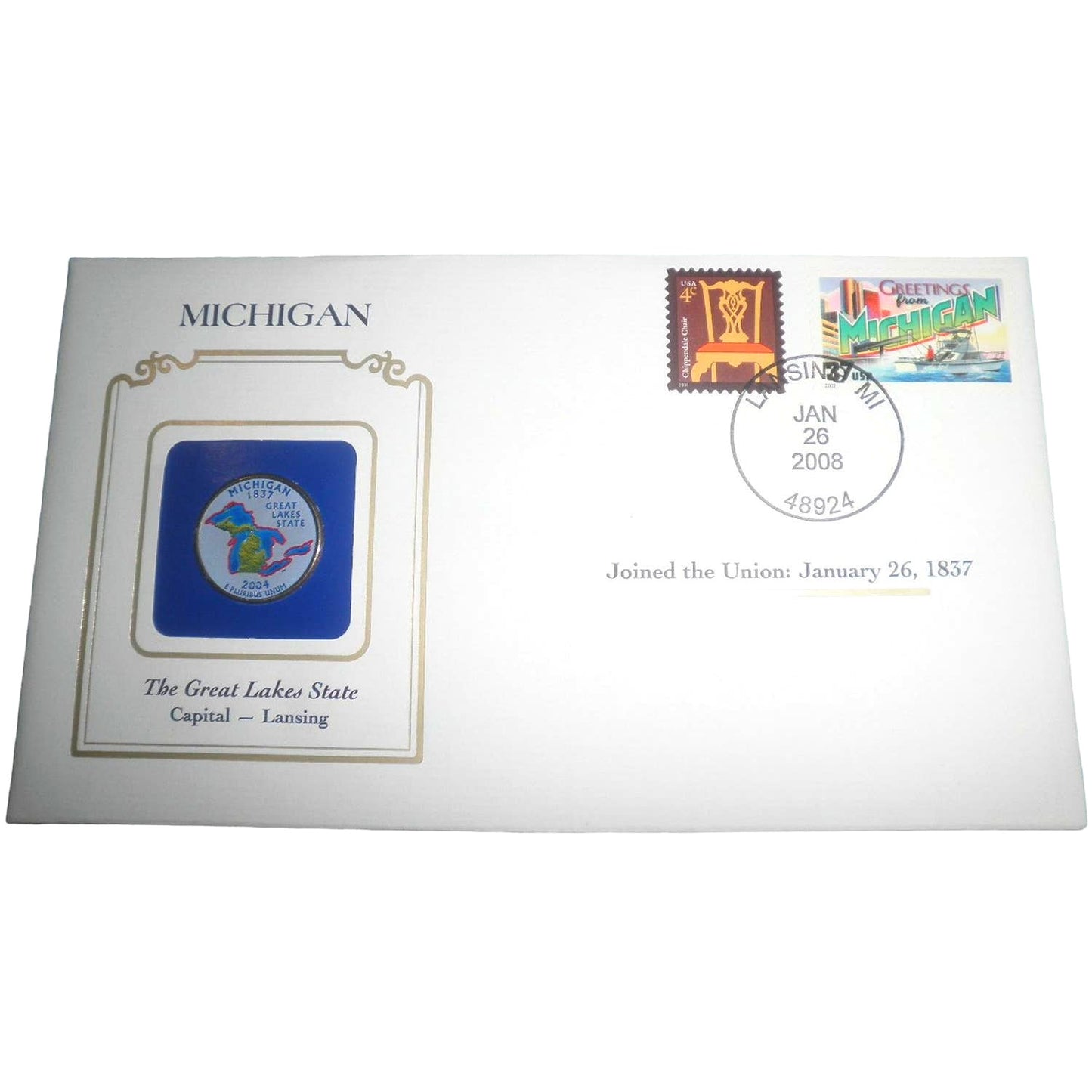 MICHIGAN COLORIZED QUARTER & FIRST DAY COVER BY POSTAL COMMEMORATIVE SOCIETY