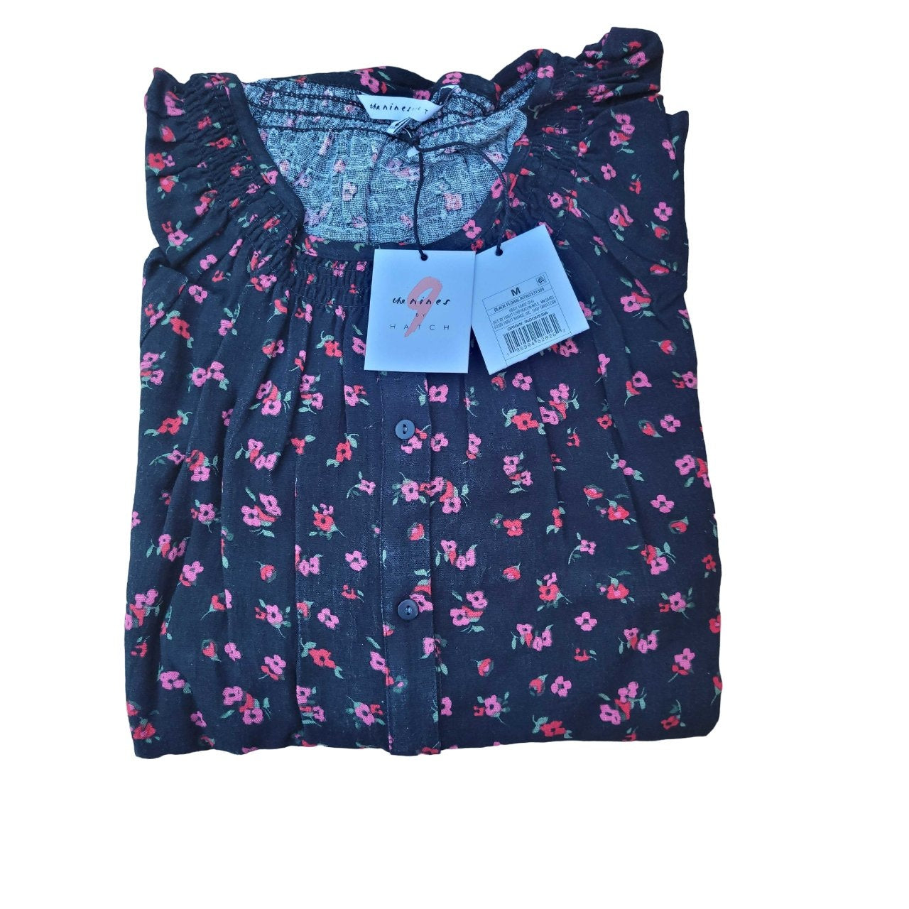 3/4 Sleeve Medium Smockneck Button-Down Maternity Shirt Black Floral Print