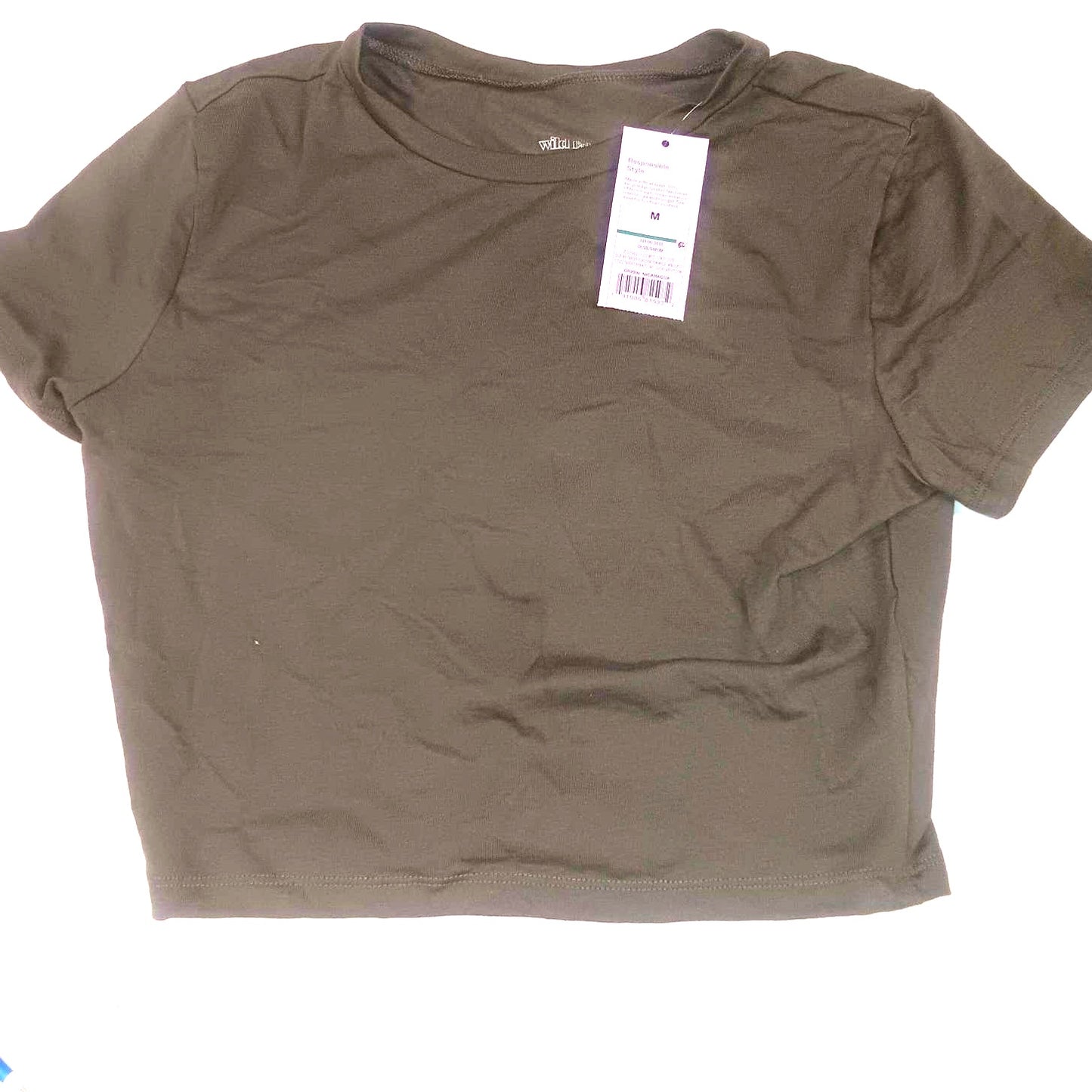 Women's MED Short Sleeve Crew-Neck Cropped Tee, Olive Green by Wild Fable