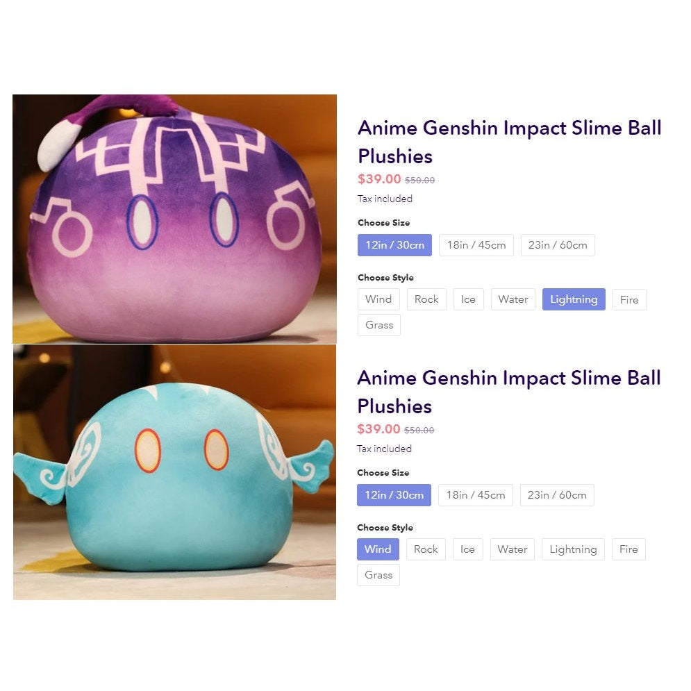 2 Anime Genshin 13" Impact Slime Ball Plushies - Wind & Lightning w/ Keychains