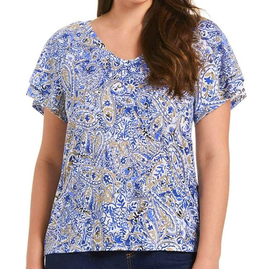 Perry Ellis, Rafaella Sportswear, V-Neck Paisley Blouse, Amparo Blue, Medium