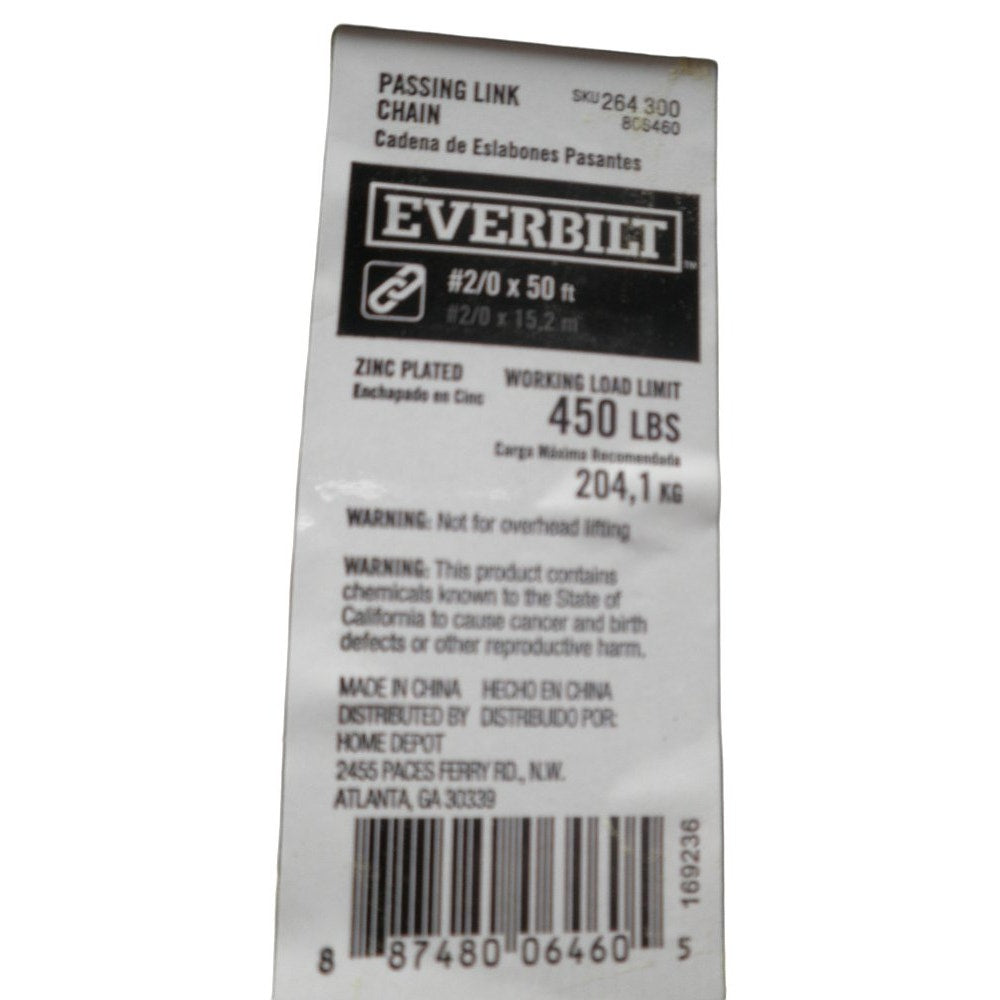 #2/0 x 5 ft. Zinc Plated Steel Passing Link Chain, 450 Lb Capacity