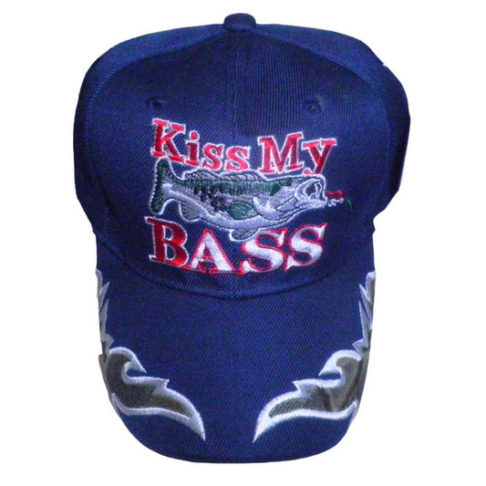 Embroidered Kiss My BASS Fishing Baseball Cap, Navy Blue, Strapback, Trucker Hat
