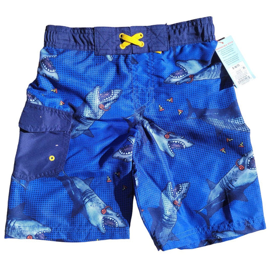 Kid's Boys' Shark Print Swim Suit Trunks, Small (6/7), Blue