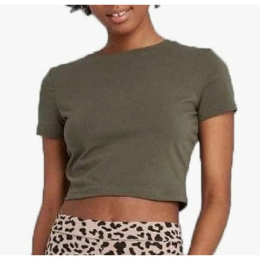 Women's MED Short Sleeve Crew-Neck Cropped Tee, Olive Green by Wild Fable
