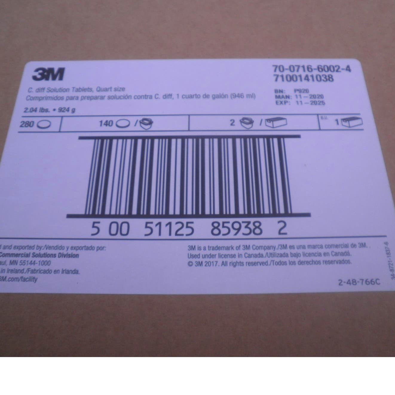 3M C. Diff Solution Tablets, Quart Size, 280 Ct (2 x 140 Ct. Tubs) EXP 11/2025