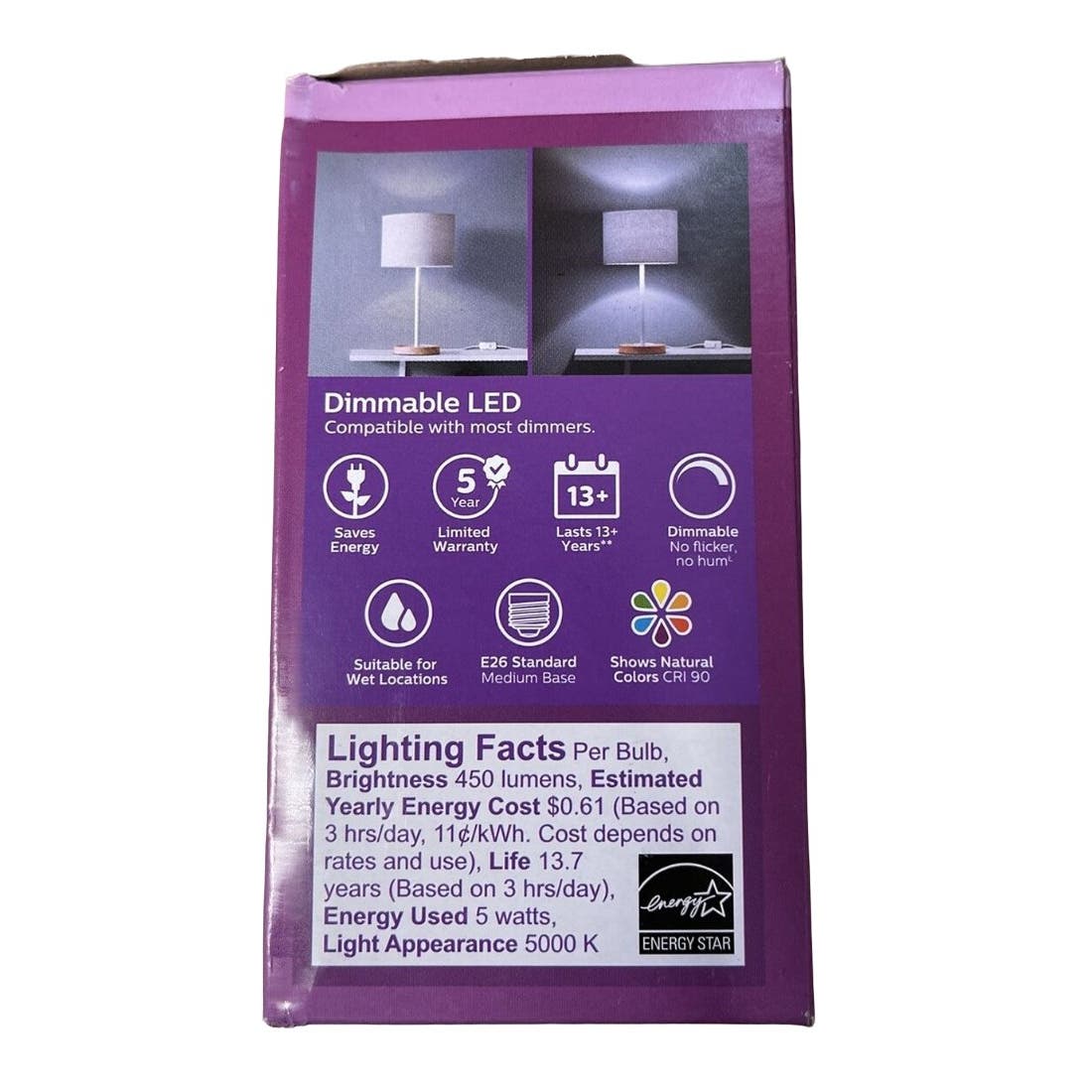 (4-PK) 5W 40W A19 Dimmable Clear Glass In/Outdoor LED Light Bulb Daylight -5000K