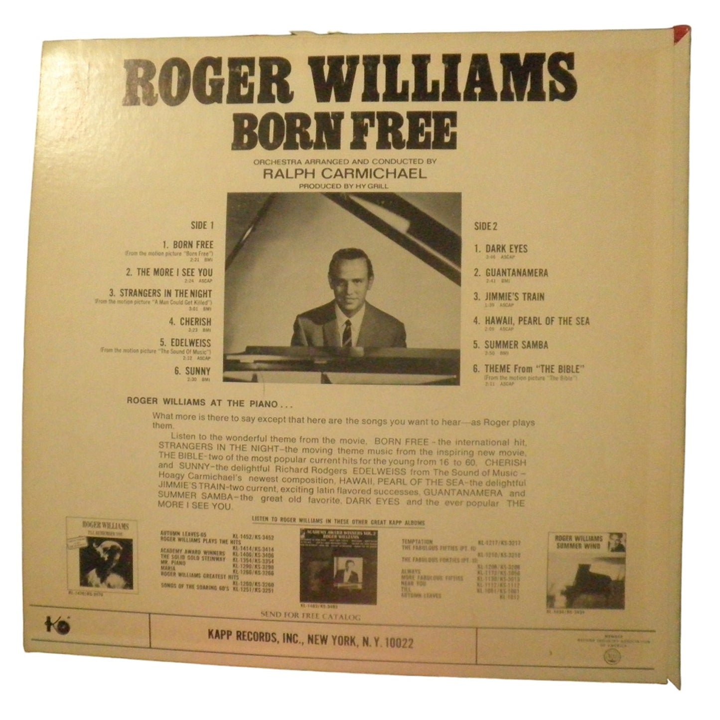 Roger Williams – Born Free, LP Album, 1966 KL-1501 Kapp Records + Free Shiprec