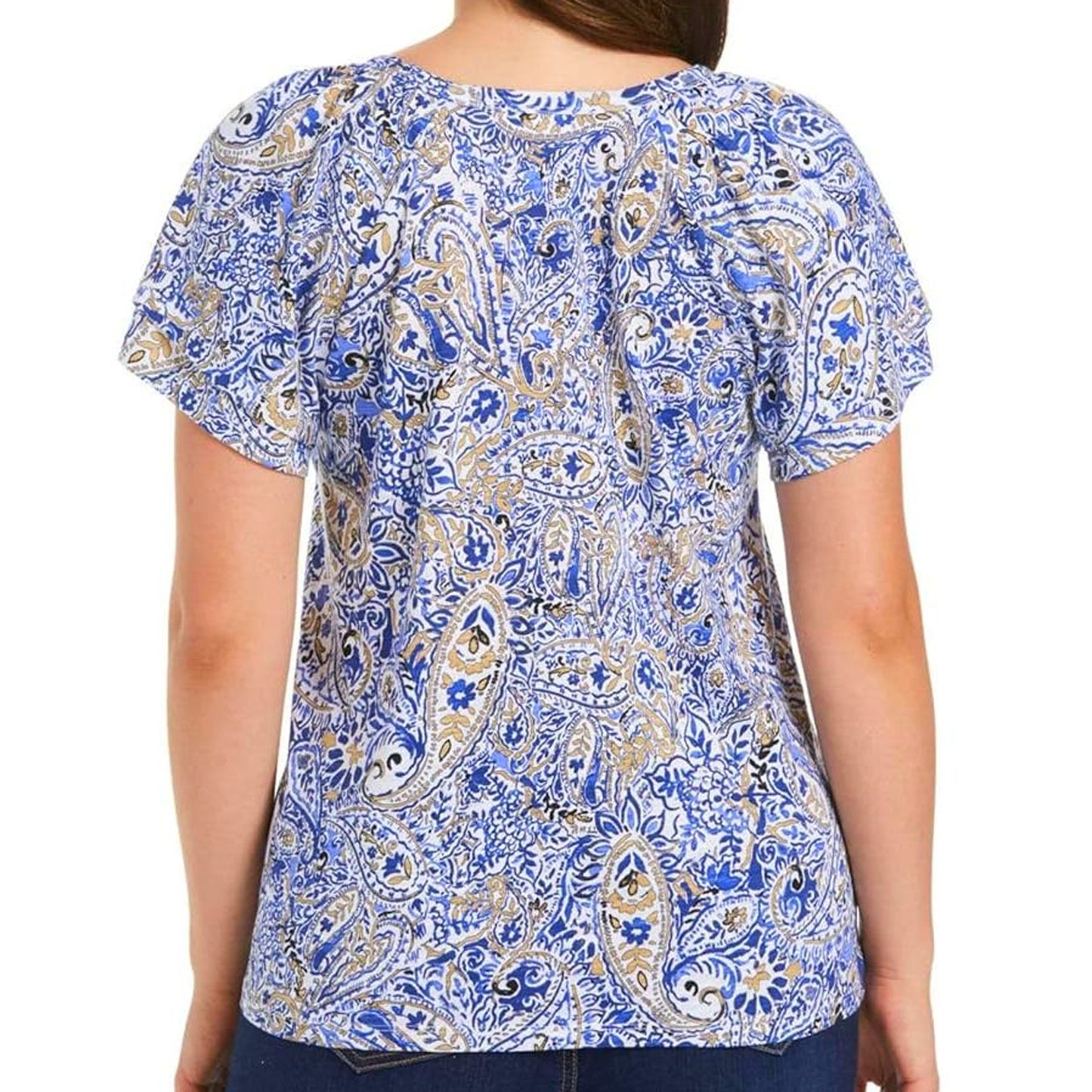 Perry Ellis, Rafaella Sportswear, V-Neck Paisley Blouse, Amparo Blue, Medium