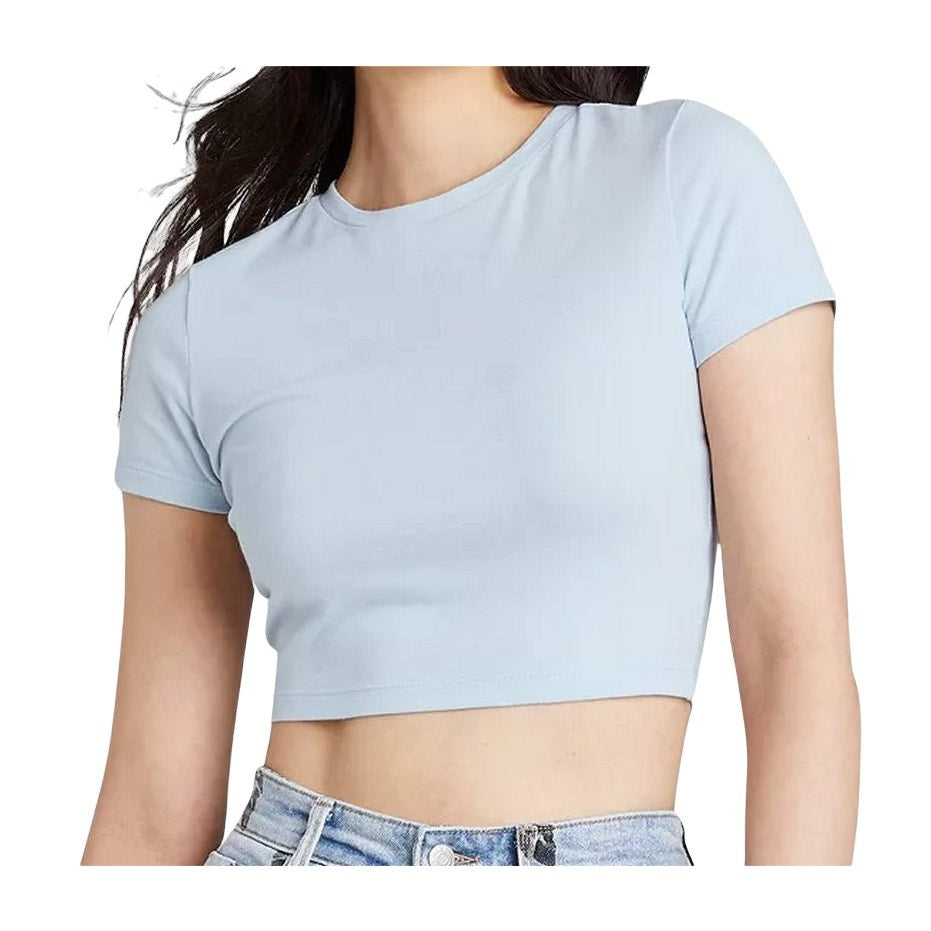 Women's X-Small Short Sleeve Slim Fit Cropped Shirt, Baby-Blue - Free Shipping