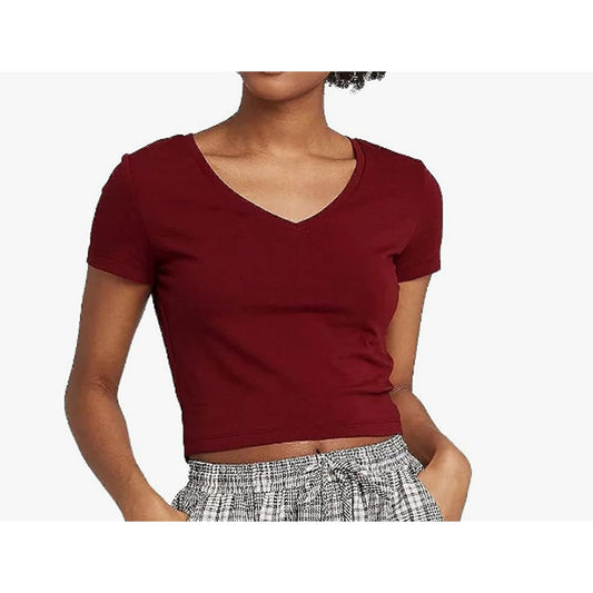 3-PK Women's Small Short Sleeve V-Neck Cropped T-Shirt - Wild Fable Berry Maroon
