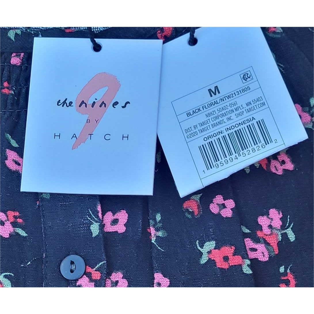 3/4 Sleeve Medium Smockneck Button-Down Maternity Shirt Black Floral Print