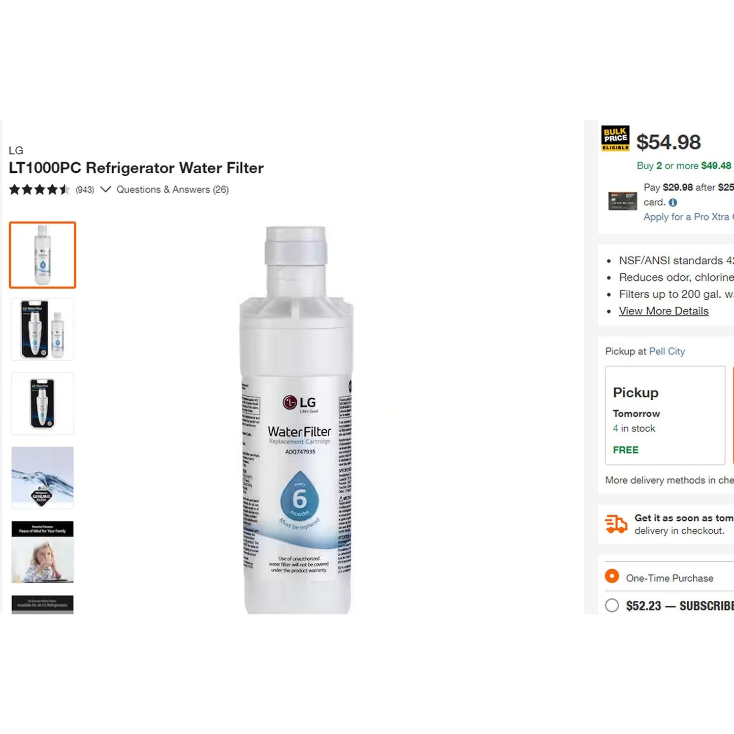LG LT1000PC Refrigerator Water Filter (New, Open Packaged Item)