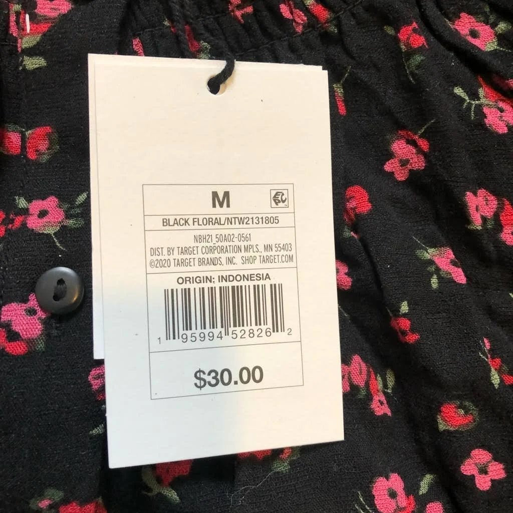 3/4 Sleeve Medium Smockneck Button-Down Maternity Shirt Black Floral Print