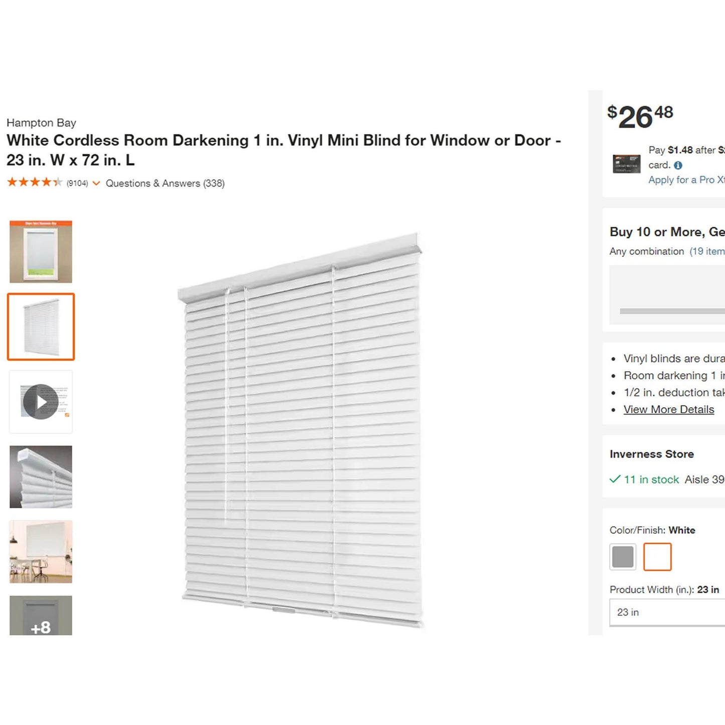 1 x 23"W x 72"L White Cordless Room Darkening 1" Window / Door Vinyl Mini Blind