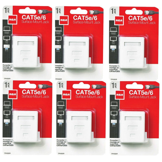 6 x RCA White Surface Mount Jack, Plastic CAT 5E/6 Wall Jack, TPH563R -Free Ship