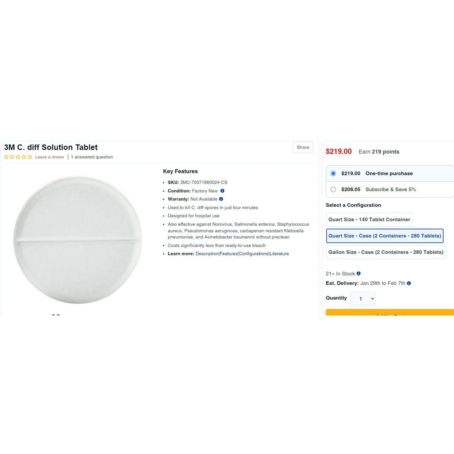 3M C. Diff Solution Tablets, Quart Size, 280 Ct (2 x 140 Ct. Tubs) EXP 11/2025