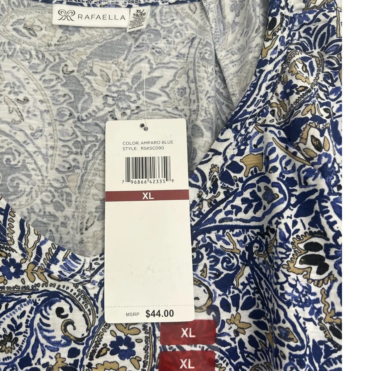 Perry Ellis, Rafaella Sportswear, V-Neck Paisley Blouse, Amparo Blue, X-Large