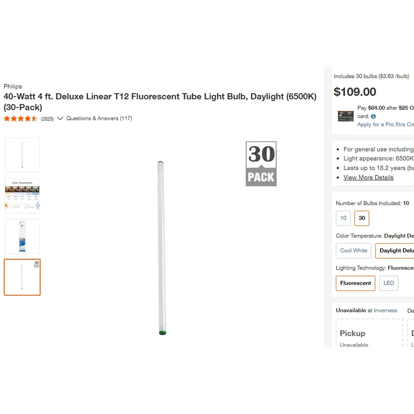 30-PK Philips 40-Watt 4 ft. Deluxe Linear T12 Tube Light Bulb, Daylight (6500K)