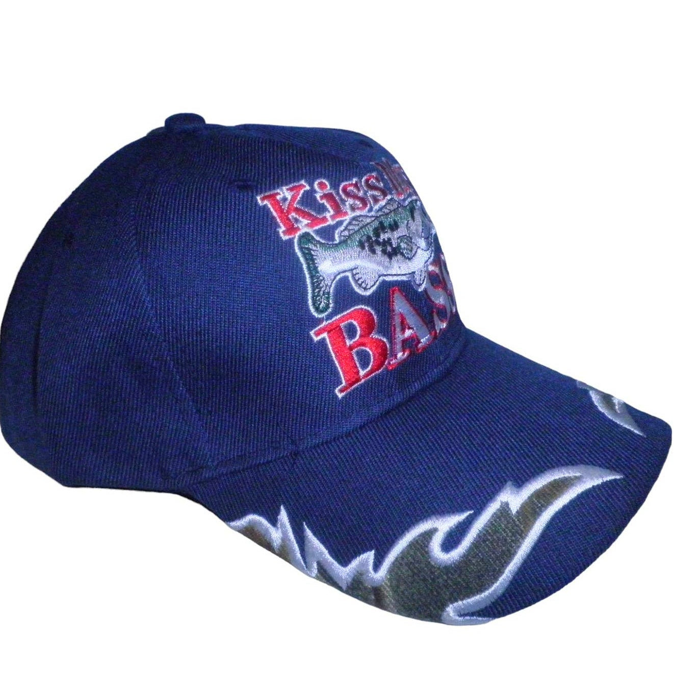 Embroidered Kiss My BASS Fishing Baseball Cap, Navy Blue, Strapback, Trucker Hat