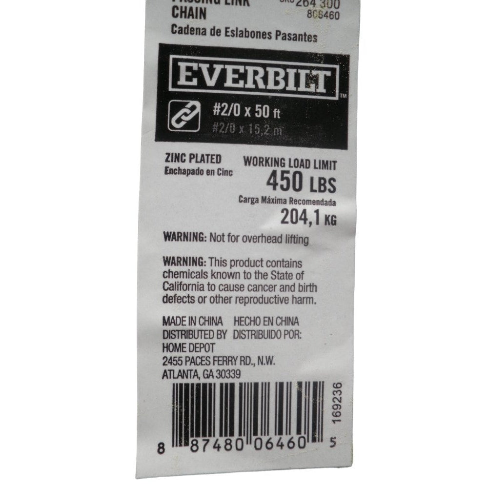 #2/0 x 5 ft. Zinc Plated Steel Passing Link Chain, 450 Lb Capacity