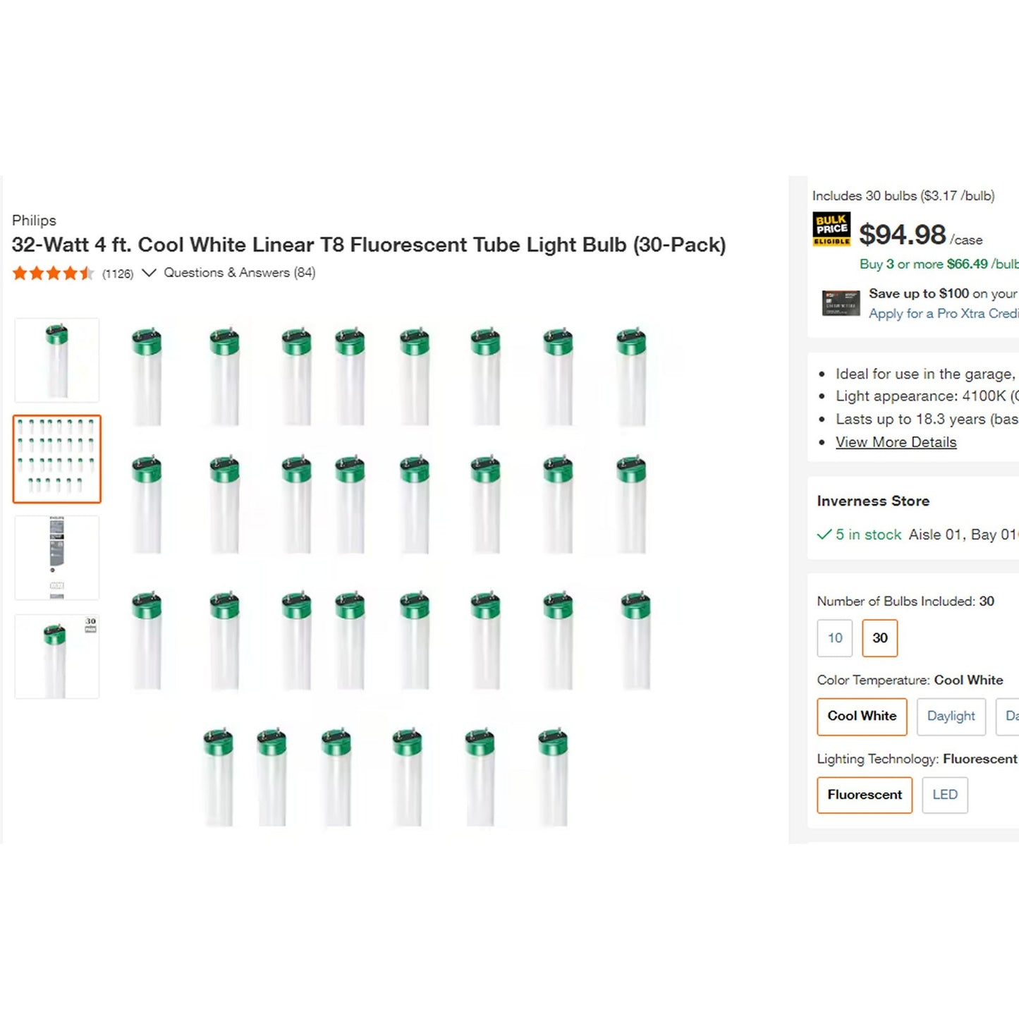 Philips 3W 4 ft. Cool White Linear T8 Tube Light Bulb (30-Pack) LOCAL PICKUP
