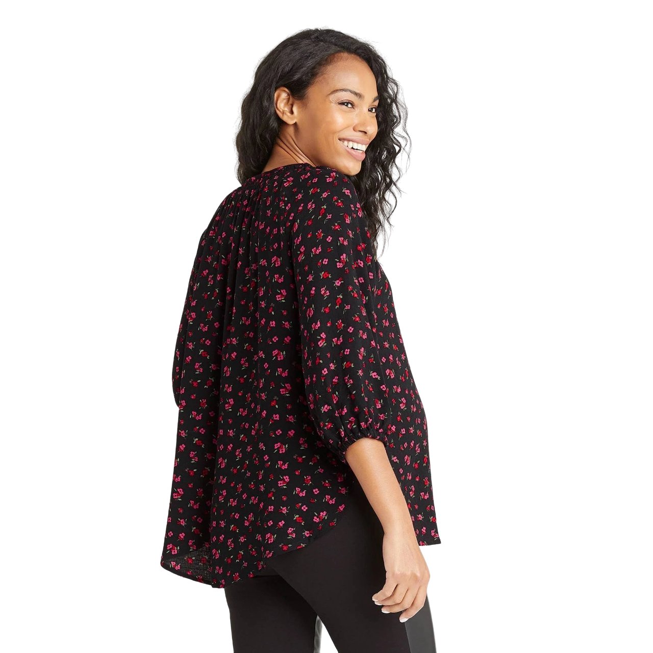 3/4 Sleeve Medium Smockneck Button-Down Maternity Shirt Black Floral Print