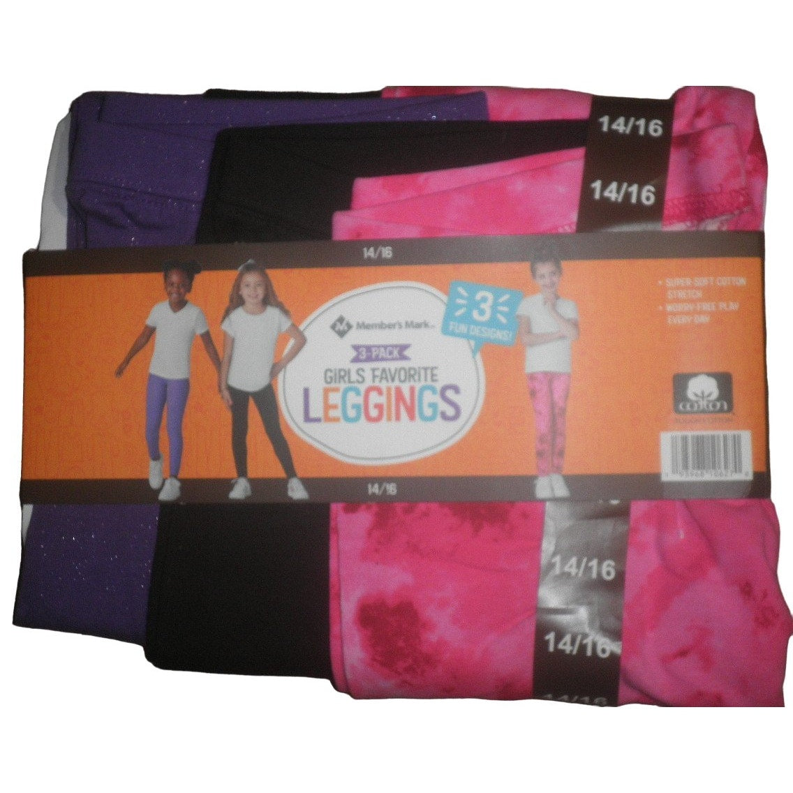 3-PK Size 14/16 Cotton Spandex Ankle Leggings, Pnk Tie Dye, Blk & Purple Sparkle