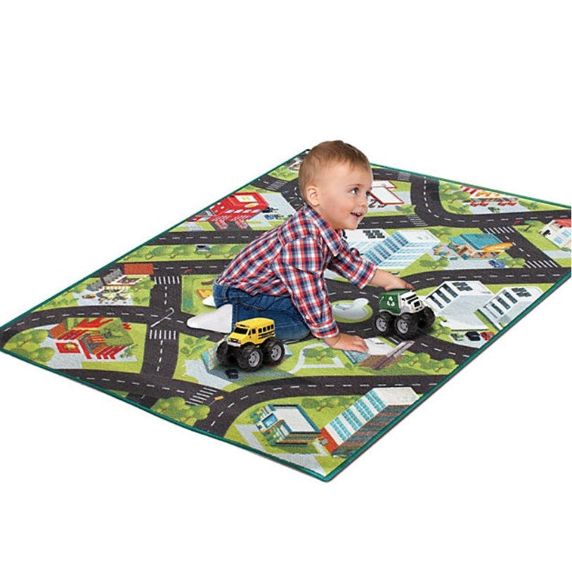 City playmat (3'x4') with school bus & recycle truck vehicles