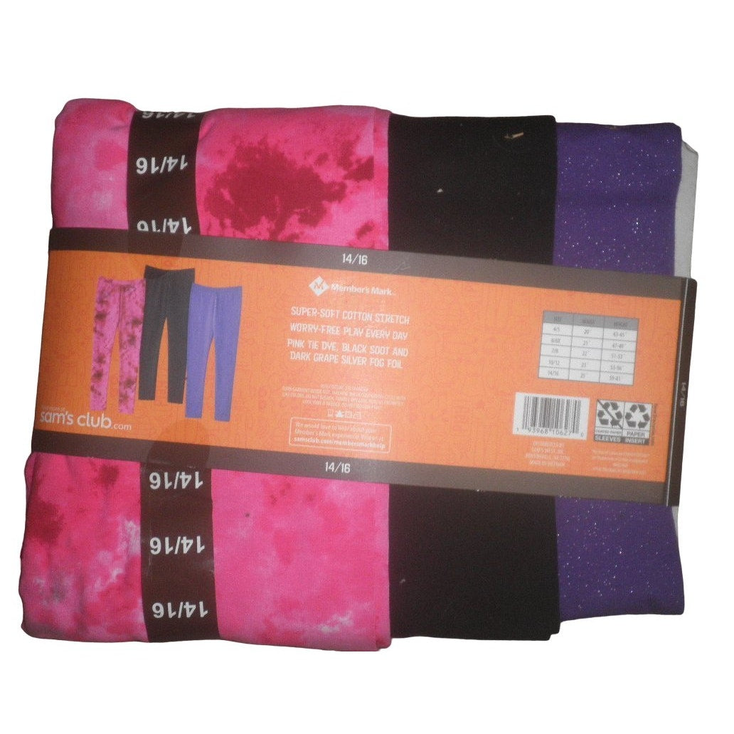3-PK Size 14/16 Cotton Spandex Ankle Leggings, Pnk Tie Dye, Blk & Purple Sparkle