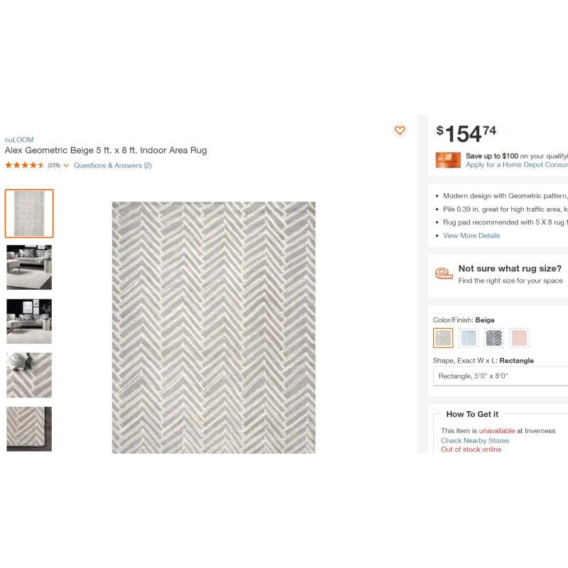 nuLOOM Alex Geometric Hand Tufted Wool Area Rug, 5 FT x 8 FT, Beige - Free Ship [Local Pickup $50]