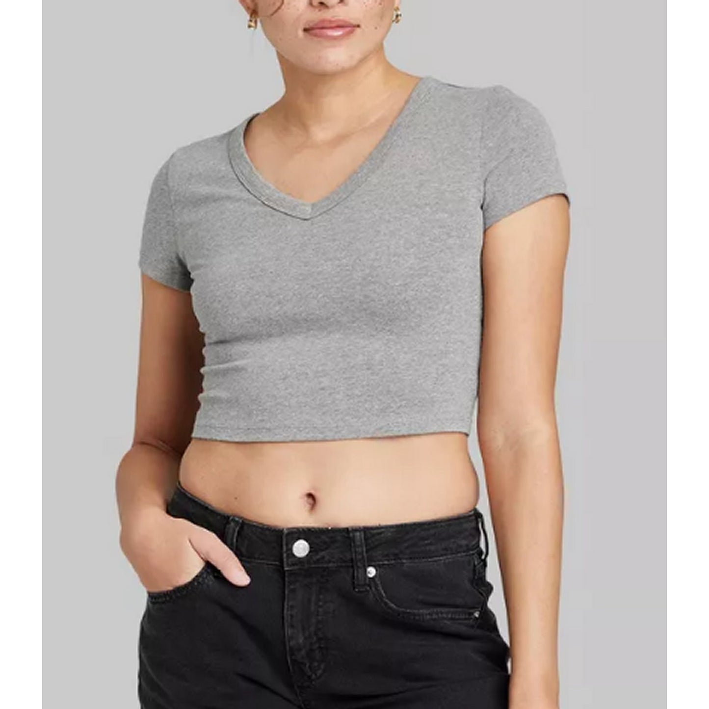 Women's Large Short Sleeve V-Neck Slim Fit Cropped T-Shirt - Wild Fable Gray